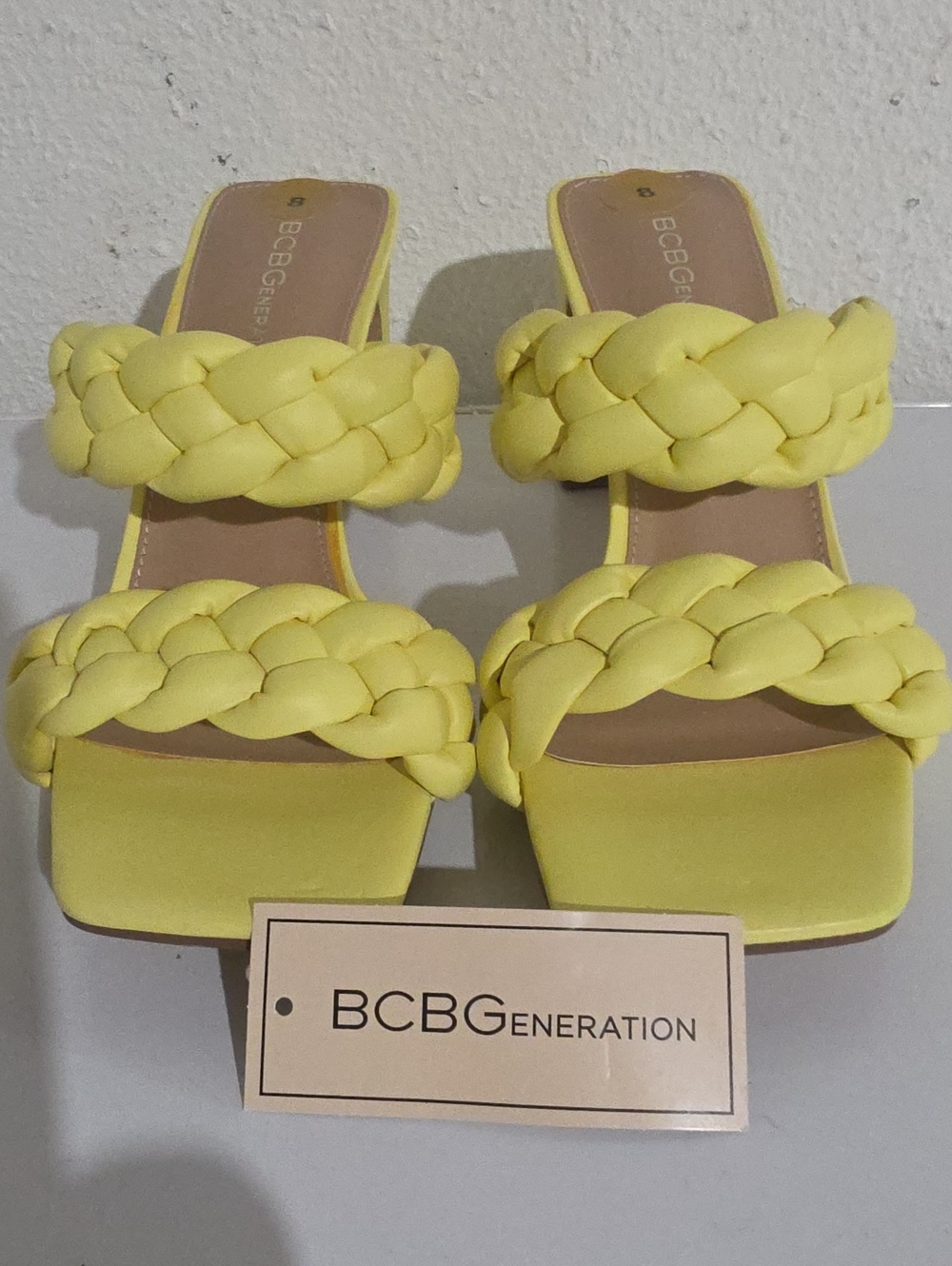 BCBGeneration Finaa Braided Double-Strap Yellow Slide Mules Sz.8